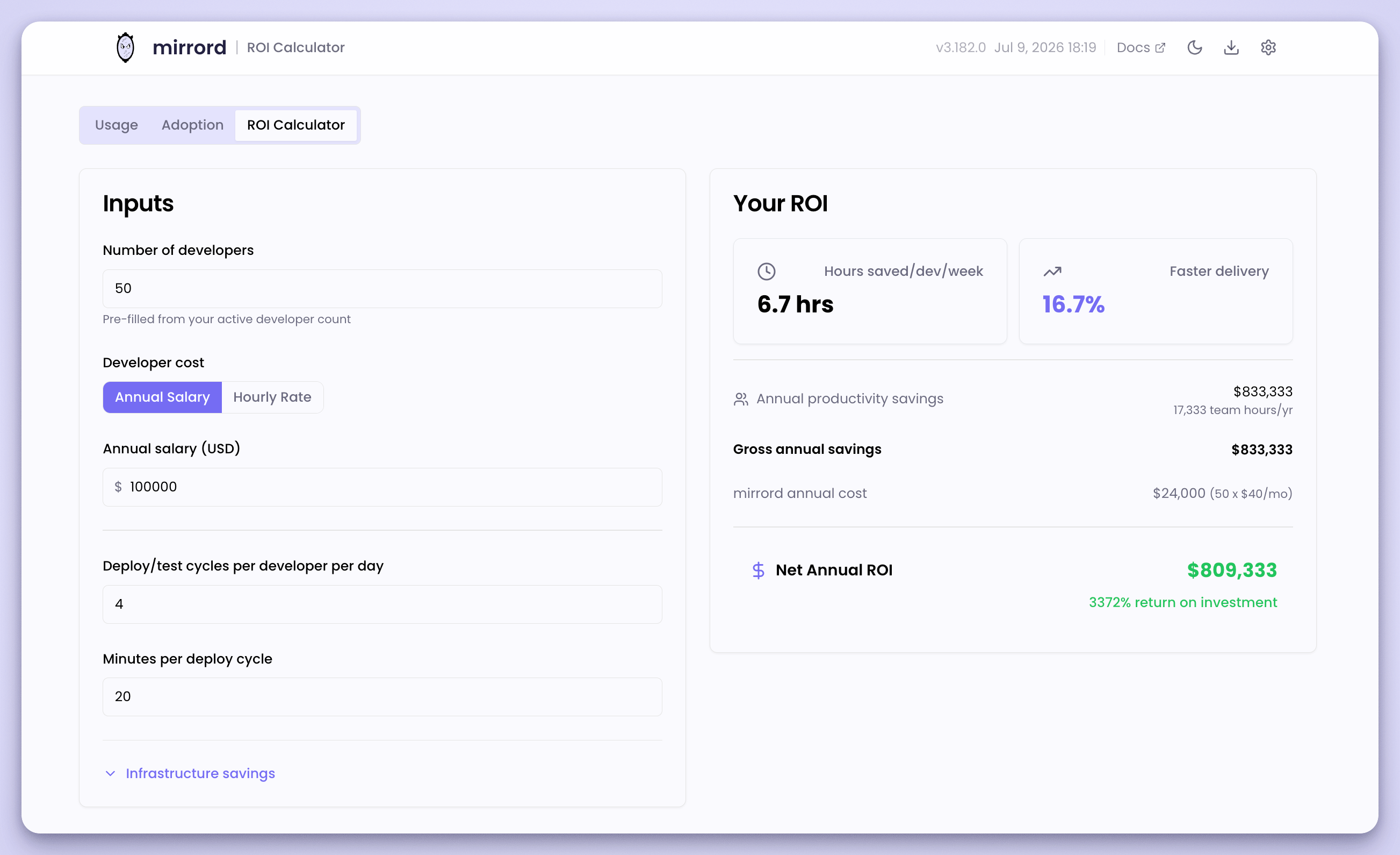 The ROI Calculator in the mirrord Admin Dashboard
