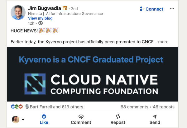 LinkedIn post from Jim Bugwadia announcing Kyverno's promotion to CNCF Graduated Project status