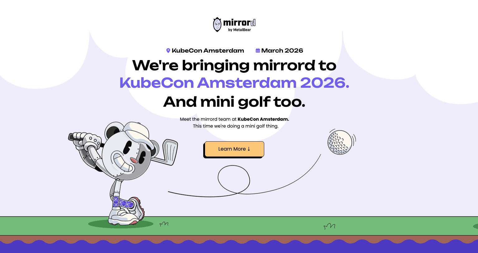 MetalBear announcement banner for KubeCon Amsterdam 2026 featuring mirrord mini golf and the mirrord mascot